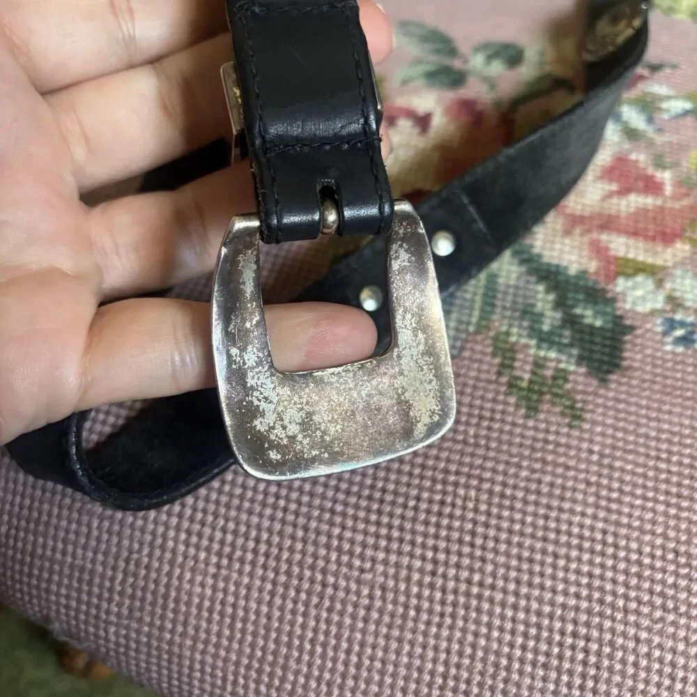 Vtg Concho Black Leather Belt Embossed Western Silver Buckle 32 Grunge Cowgirl